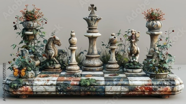 Fototapeta A chess board with pieces in the style of Enos, featuring futuristic shapes and colors in shades of green, blue, red, purple and pink white. The base is made from plastic material and has rounded edge