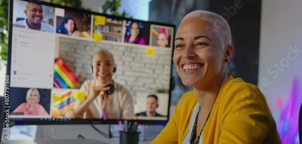 Fototapeta Smiling Woman on Video Call with Diverse Team.