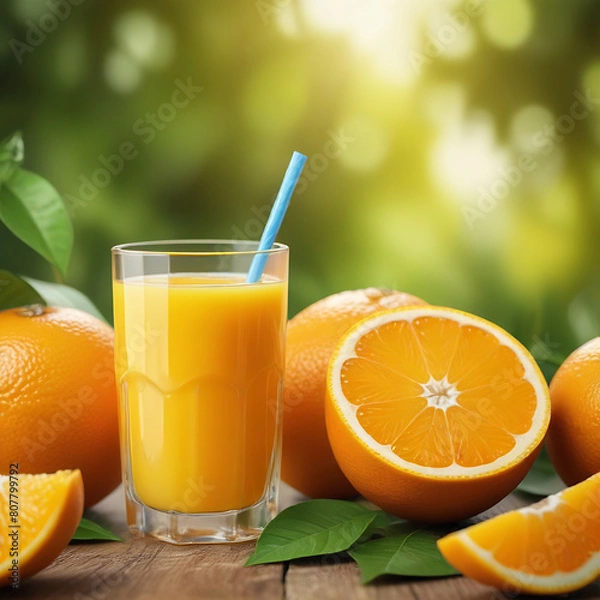 Fototapeta Squeezed orange juice in a glass with a straw on the table, cut oranges laid out around. Summer background.