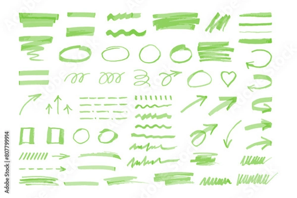 Fototapeta Green highlighter elements set, hand drawn marker stripe. Underline, colorful text mark. Markers brushes underline collection. Vector illustration isolated on white background