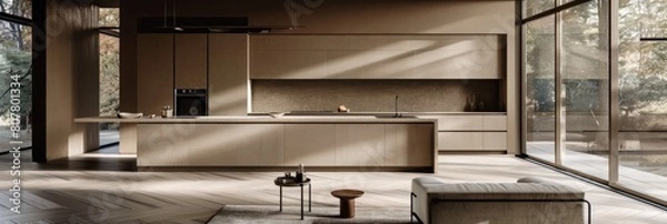 Fototapeta interior of modern kitchen with beige walls, tiled floor countertops and built in