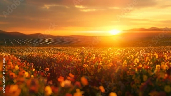 Fototapeta A stunning sunset view over vibrant flower fields, with solar panels lined up against the backdrop of distant mountains, illustrating sustainable energy coexisting with natural beauty.