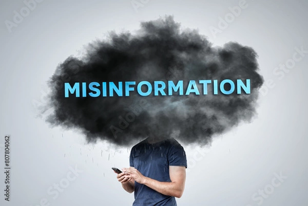 Obraz Dark Cloud Labeled 'Misinformation' Hovering Over a Person's Head