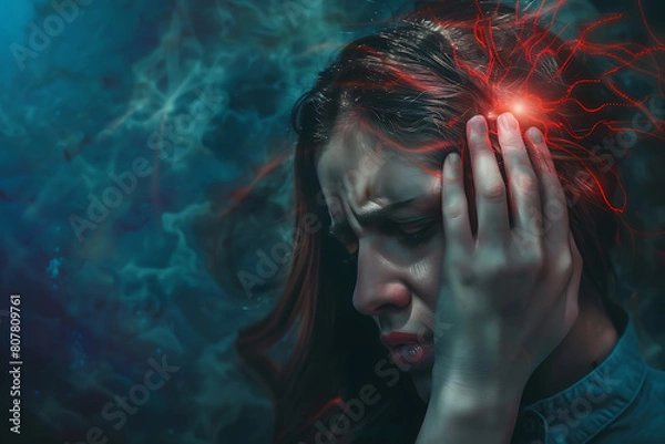 Fototapeta A person holds their head in pain, indicating a headache, with the center highlighted in red.