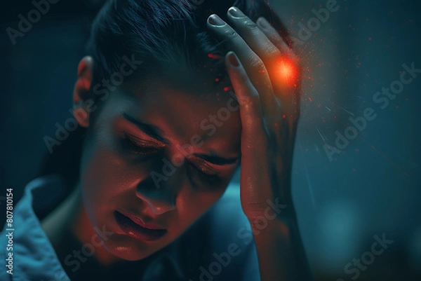 Fototapeta A person holds their head in pain, indicating a headache, with the center highlighted in red.