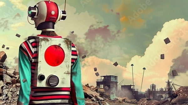 Fototapeta Android, synthetic skin, designed for peacekeeping, standing in a post-apocalyptic landscape, HDR, Golden Hour, Depth of Field Bokeh Effect, Birds-eye view