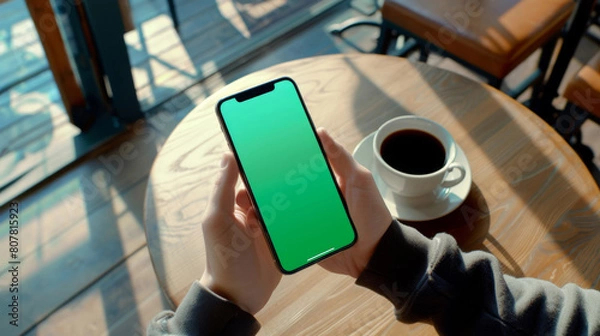 Obraz Point of view pov on phone with a cap of coffee on a table in cafe early morning, app mockup