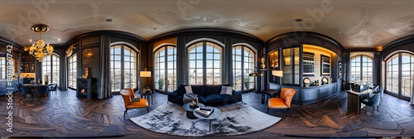 Fototapeta Luxurious Room with 360-Degree Panoramic Views, Featuring Modern Furniture and Elegant Interior Design