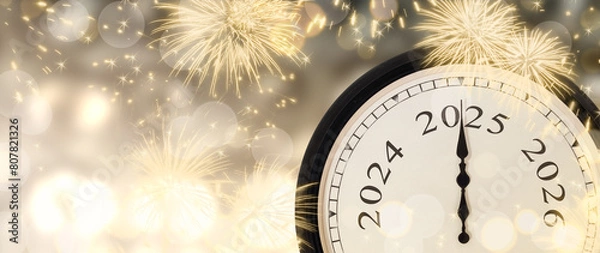 Fototapeta New Year's Eve 2025 concept with clock on gold sparkling background with fireworks and blurred lights. 