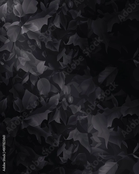 Fototapeta Detailed view of dark foliage patterns on a black textured background.