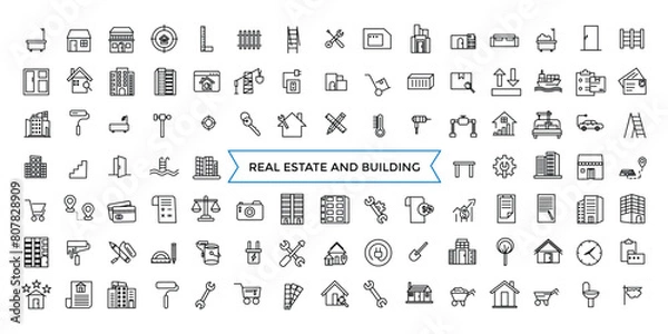 Obraz Real Estate line web icon set. Included the icons as realty, property, mortgage, home loan and more. Outline icons pack. Icon collection. Editable vector icon and illustration.