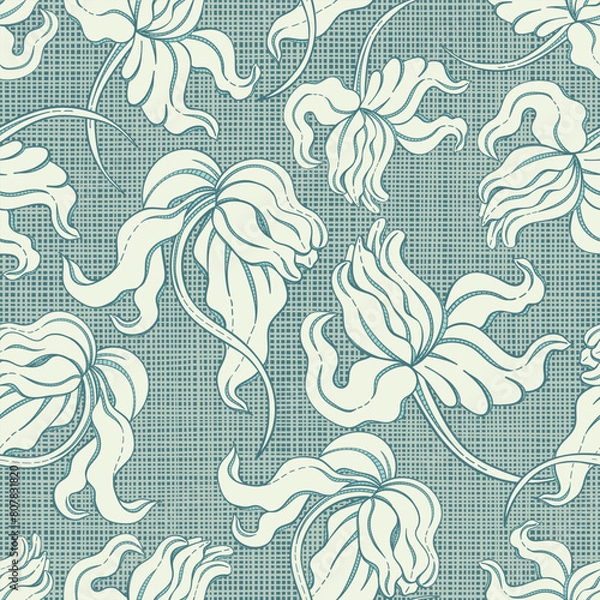 Fototapeta Lace seamless pattern with hand drawn abstract flowers. Vector monochrome floral pattern. Hand drawn floral texture, decorative flowers.