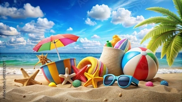 Obraz vacation and summer banner with sea life style objects and beach toys for kid