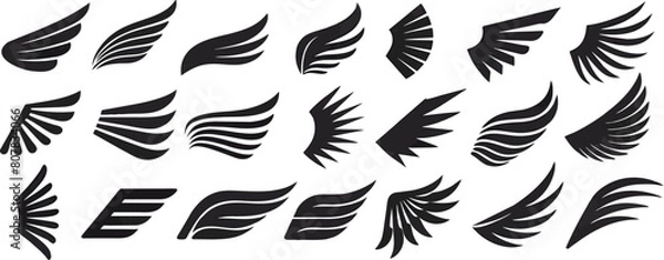 Obraz Adobe Illustrator ArtwoThe Wings logo. An emblem in the form of a wing silhouette, a set of vector icons with wings, emblems with angel wings. Eagle, aviation symbols. Vintage tattoo, set of vector rk