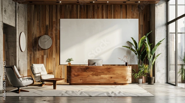 Fototapeta Minimalistic Office Interior Mockup with Modern Desk Setup and Executive Workspace Corner