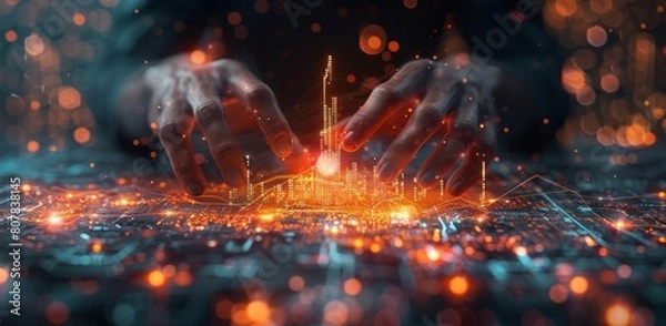 Fototapeta businessman holding a tablet with business icons around it, 3 d rendering.