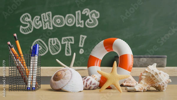 Obraz Chalkboard background in classroom announcing summer vacation at school. 3d rendering