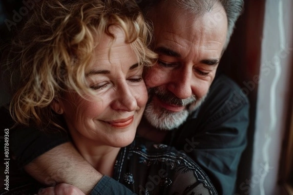 Fototapeta A loving 50-year-old pair finds unity through a comforting embrace.. Beautiful simple AI generated image in 4K, unique.