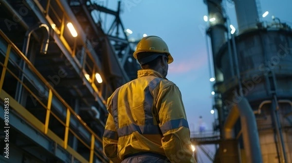 Fototapeta Construction worker in yellow at industrial site, emphasizing safety and efficiency in the workplace
