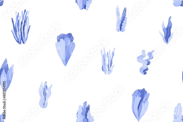 Fototapeta Seamless pattern with blue algae. Hand drawn watercolor illustration of the underwater world on an isolated background. Seaweed and corals. Ideal for print and design. Background