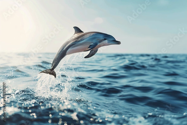 Fototapeta Dolphin jumping from blue pacific ocean