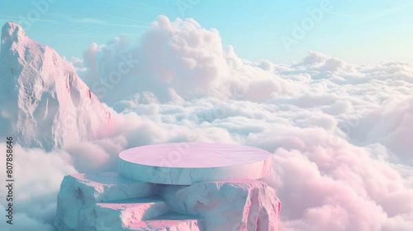 Fototapeta Beautiful natural backdrop for product display with blue sky and pastel clouds background. Summer paradise dreamy concept. Romantic 3d scene.