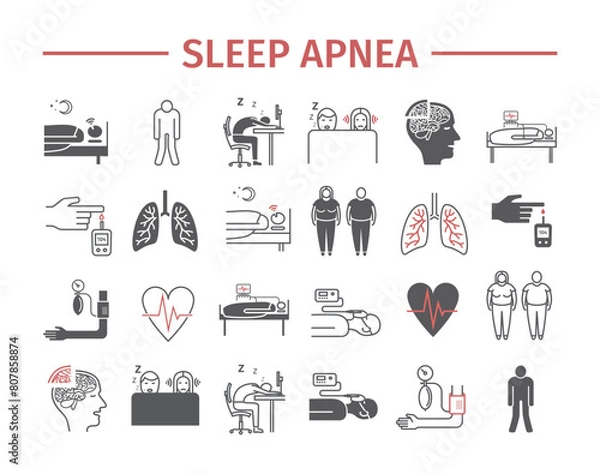 Fototapeta Sleep Apnea. Symptoms, Treatment. Line icons set. Vector signs for web graphics.