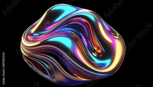 Fototapeta Bold holographic liquid metal shape isolated. Iridescent wavy melted chrome substance. black reflective background