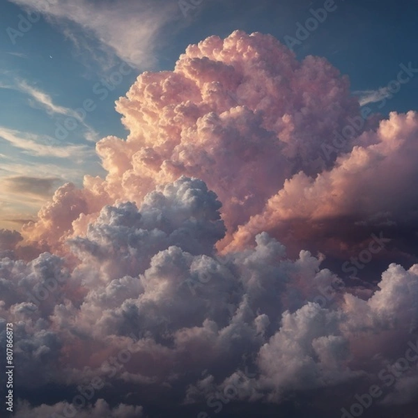 Fototapeta Towering cumulus cloud commands sky, bathed in hues of pink, orange from setting, rising sun, creating atmosphere that both dramatic, ethereal. Clouds colossal presence awe-inspiring yet serene.