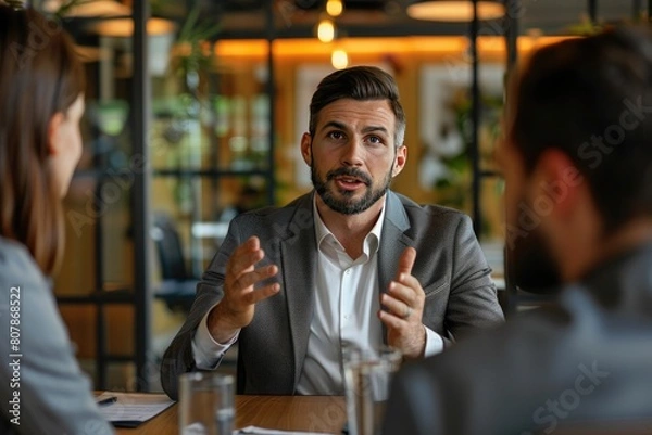 Fototapeta Businessman talking to colleagues during meeting in office. Business people having conversation at workplace. Teamwork concept
