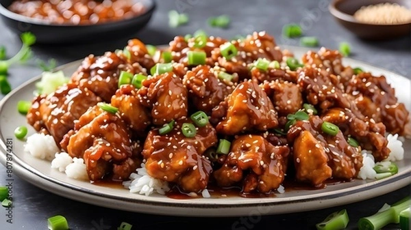 Obraz A platter of General Tso's chicken, glazed in a tangy sauce and garnished with sesame seeds and green onions


