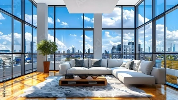 Obraz Modern penthouse living room with large windows perfect Zoom background. Concept Modern Living Room, Penthouse Design, Large Windows, Zoom Background