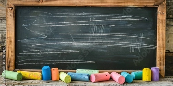 Fototapeta Classroom Chalkboard with Rainbow Chalk Pieces in Front