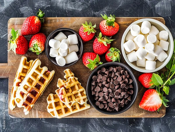 Fototapeta A wooden cutting board features various fruits, marshmallows, waffles and bowl of chocolate chips.