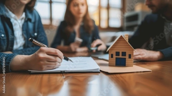 Obraz Real estate agent showing house plans to clients.
