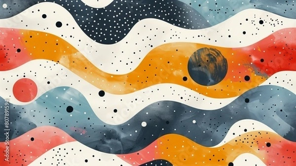 Fototapeta A vibrant watercolor pattern featuring a crescent moon and stars scattered across the sky