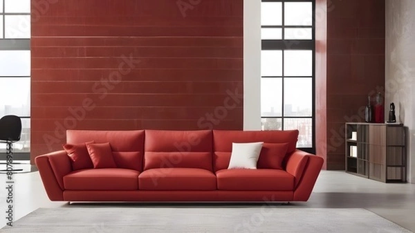 Obraz A sleek, red modular corner sofa stands out against a blank, brown stucco wall, creating a striking contrast in this loft interior design. 