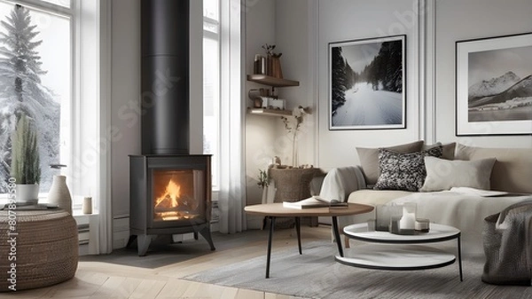 Obraz "Step into a cozy Scandinavian living room, complete with a crackling fireplace and a large, empty poster frame just waiting for your personal touch."