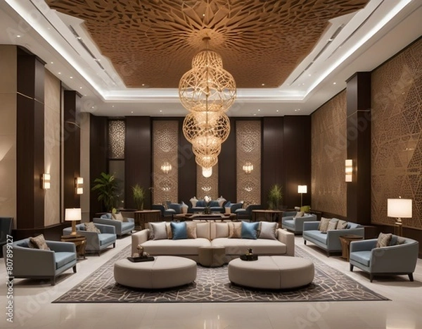 Fototapeta A luxurious hotel lobby with a high ceiling, an ornate chandelier, and plush seating arrangements around a large circular coffee table