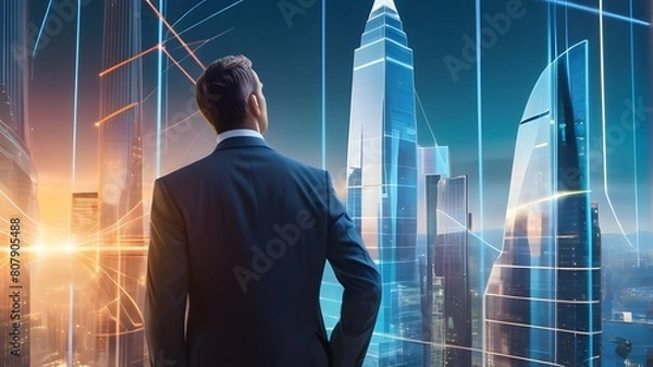 Obraz A futuristic cityscape with towering skyscrapers, each representing a different global financial institution, connected by a network of glowing lines and data streams. In the center, a businessman sta