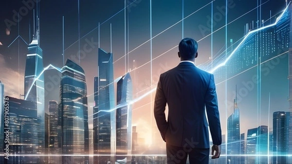 Obraz A futuristic cityscape with towering skyscrapers, each representing a different global financial institution, connected by a network of glowing lines and data streams. In the center, a businessman .