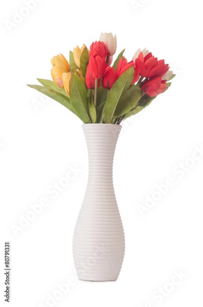 Fototapeta Vase with colourful tulips on white