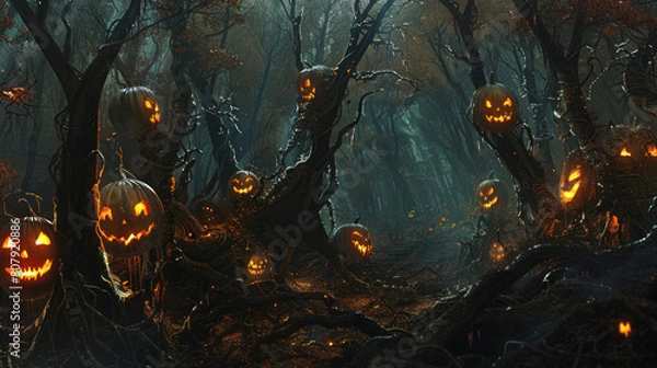 Obraz a clearing in a haunted forest, where sinister pumpkins with malevolent grins cast eerie light on the twisted branches of dead trees, evoking a sense of foreboding and supernatural presence.
