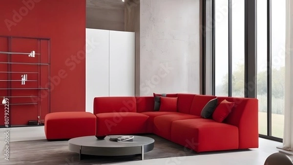 Obraz A sleek, red modular corner sofa stands out against a blank, brown stucco wall, creating a striking contrast in this loft interior design. The modern living room is brought to life with this unique.