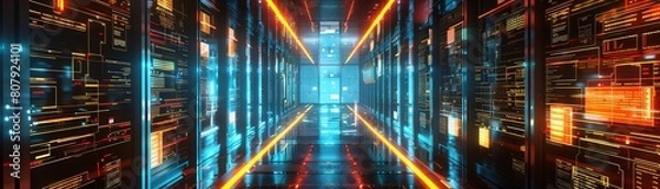 Fototapeta Futuristic data center with rows of servers and bright lights. 3D illustration.