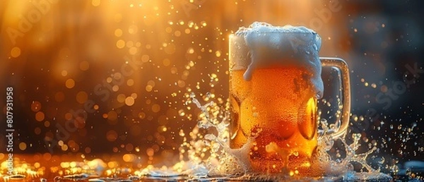 Fototapeta Draft beer in a tall, frosted mug, captured at the moment of pour, showcasing the dynamic splash and foam