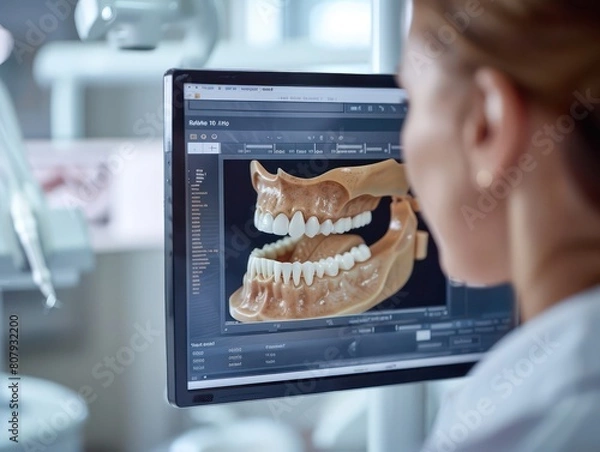 Fototapeta dental design software on the screens, with teeth and jaw images in a white office desk