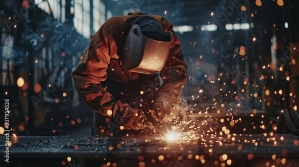 Fototapeta  A welder was welding metal with sparks, working in a factory or workshop