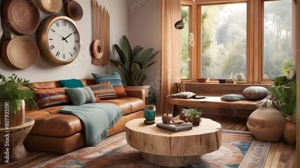 Obraz Step into a bohemian paradise with this unique living room design. The warm tones and natural elements create a sense of tranquility, while the alarm clock on the wooden table adds a touch of whimsy.