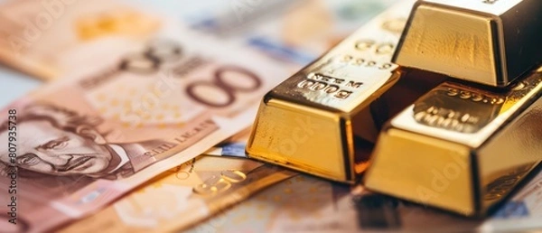 Obraz Gold bars over banknotes background
